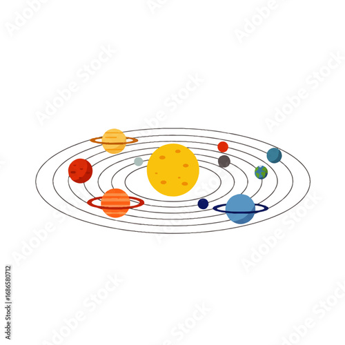 Colorful Solar System Model with Planets Orbiting Sun.