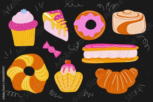 Set of cute sweet desserts and pastries collection, cartoon bakery food illustration with cupcake, donut, cake slice, croissant, cinnamon roll, eclair, candy and ice cream in kawaii style isolated on 