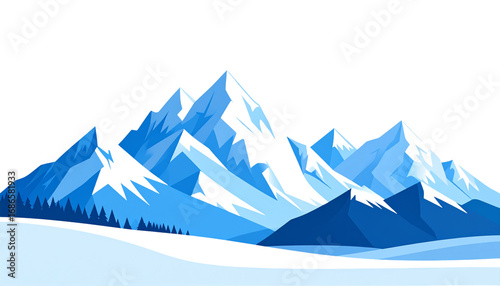 Landscape with green grass fields, snow-capped mountains on a white background