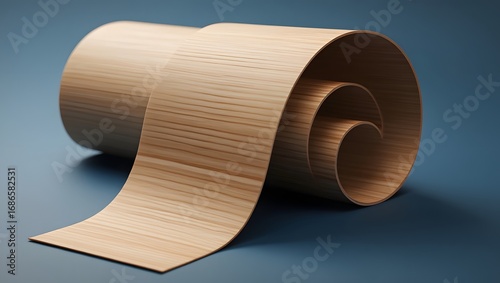 Wood veneer roll with a natural grain and texture on a blue background surface area