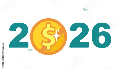 2026. Flat green design of Happy New Year number 2026, and gold dollar cent, penny. Long-awaited joy. Holiday, twelfth night, white background, calendar poster, postcard, flyer. Vector illustration