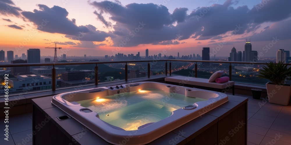 Fototapeta premium Rooftop jacuzzi with city skyline at sunset.