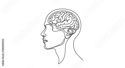 Line art illustration of a human head profile with brain detail