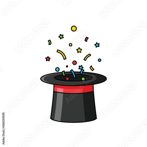 A cartoon illustration of a black magician's hat with colorful confetti and stars bursting out.