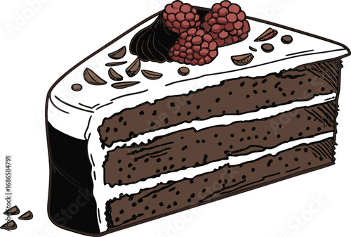 Slice of Rich Chocolate Layer Cake with Frosting and Cherry