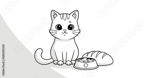 Minimalist Vector SVG Illustration of Cute Cat with Food Bowl in Flat Design Style with Monochrome Colors for Digital and Web Use