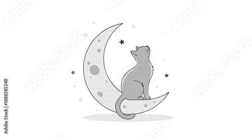 Vector Minimalist Line Art SVG Illustration of Cat Sitting on Crescent Moon with Stars in Flat Design Style in Monochrome Gray