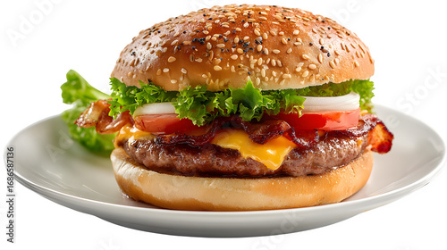 HD realistic hamburger served on round plate