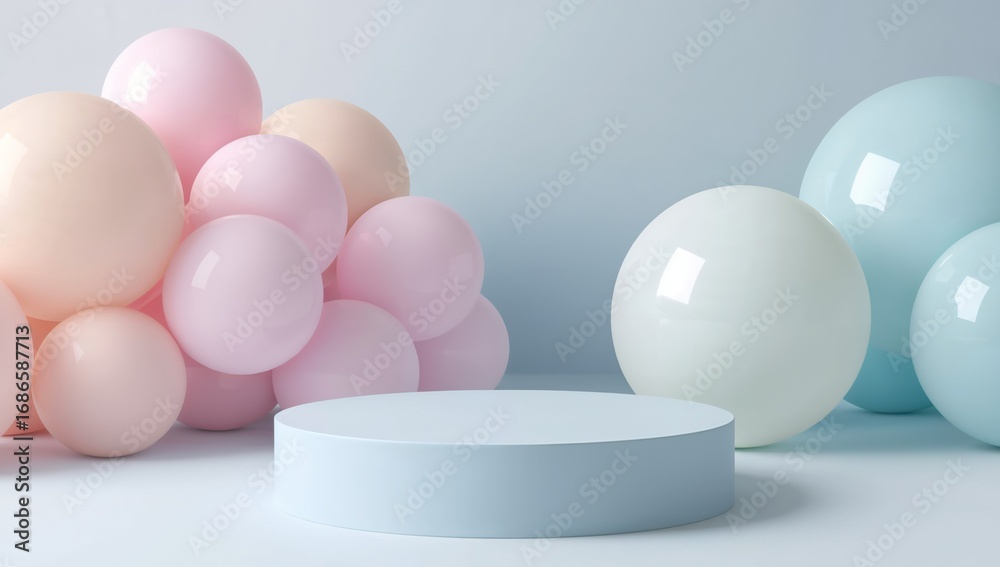 Fototapeta premium Pastel Harmony. A Minimalist Stage with Sphere Accents, Delicate Tones and Gentle Light.