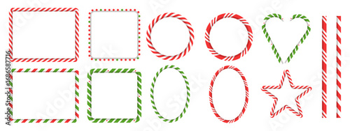 Christmas candy cane photo frame set. Rectangle, circle, star, and heart borders in striped red and green lollipop style.
