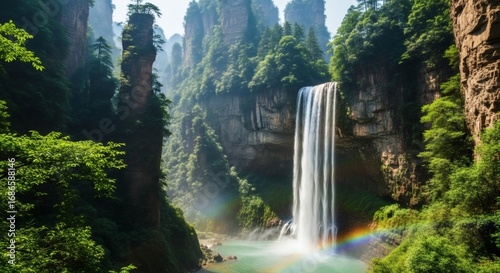 Majestic Waterfall in Mountain Canyon with Lush Greenery and Rainbow Mist
