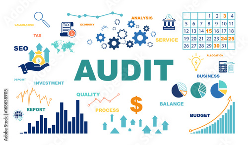 Auditing is the study of records, procedures, and operations to assess their accuracy. Design of business processes and finances. Set, icons, infographics. Sign, money, dollars. Vector illustration