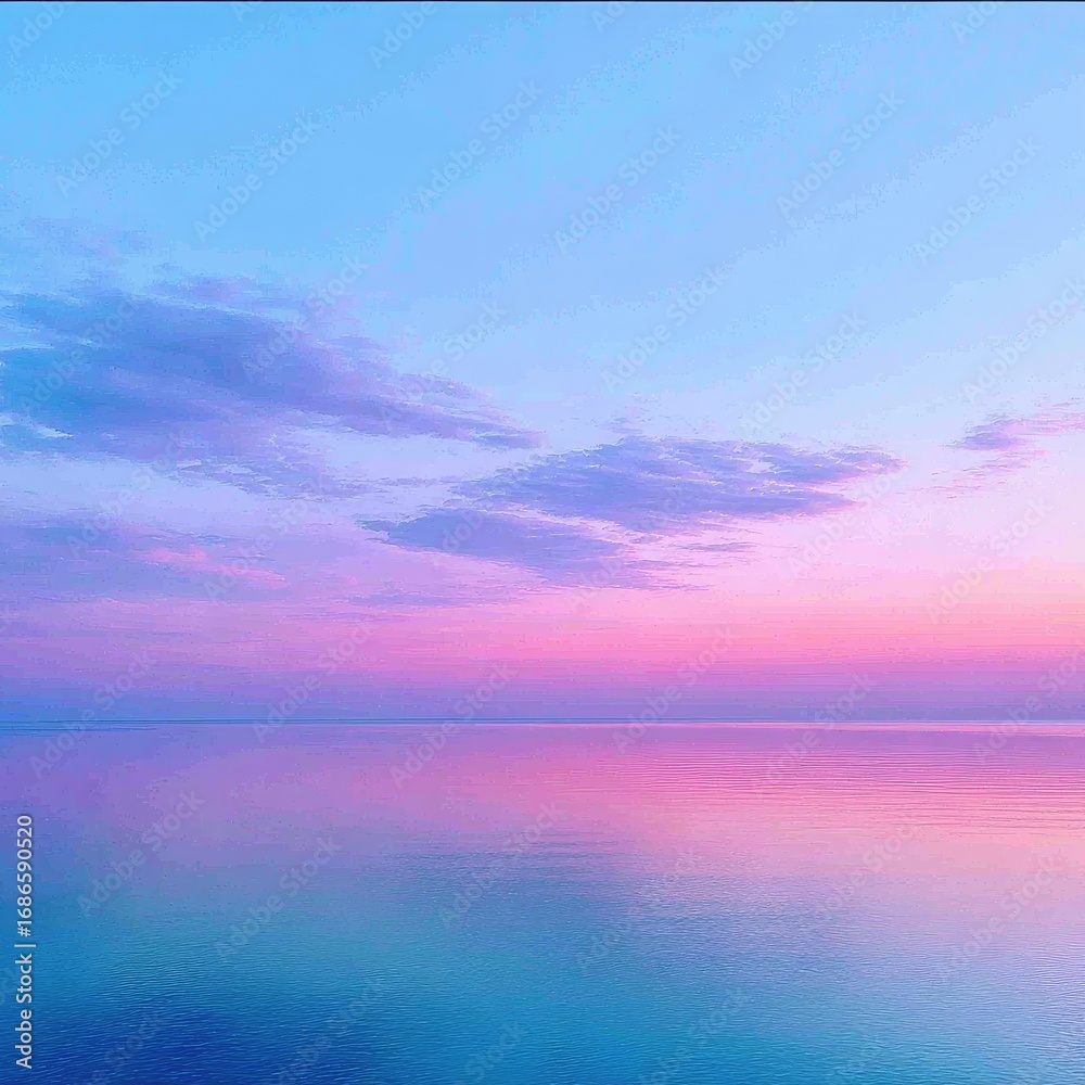 Fototapeta premium Serene sunset over water. Pink & blue sky with soft clouds reflects in the calm surface. Ethereal, dreamlike