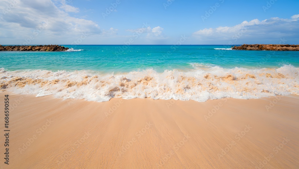 Obraz premium Serene beach scene with turquoise water and gentle waves under a clear blue sky day light