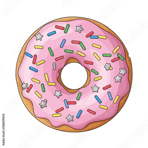 Cartoon donut with pink frosting and colorful sprinkles.