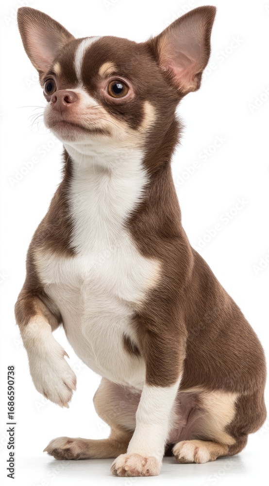 Obraz premium A brown and white Chihuahua puppy sits attentively, raising its paw against a clean white background, capturing its charming and curious nature