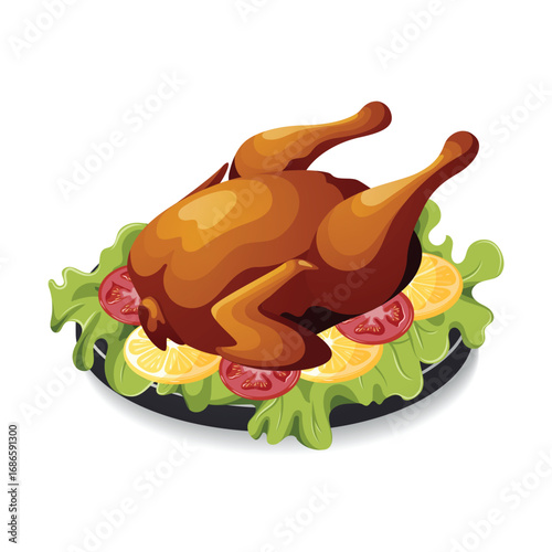 Roast turkey bird on a plate for thanksgiving or harvest festival, baked grilled chicken on a plate with letuce leaves, tomato and lemon slices, vector illustration