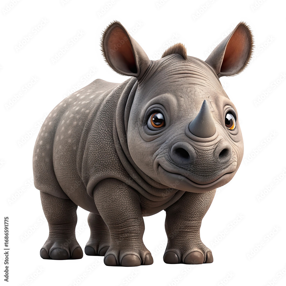 Fototapeta premium Adorable baby rhinoceros with big eyes standing and looking forward isolated on transparent background