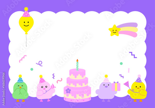 귀여운 병아리 캐릭터의 생일파티 벡터 일러스트