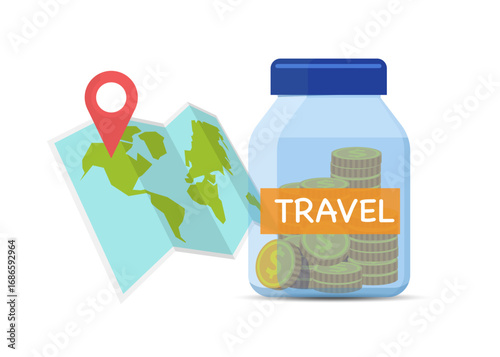 Coins in a jar with travel sign on a map. stock illustration