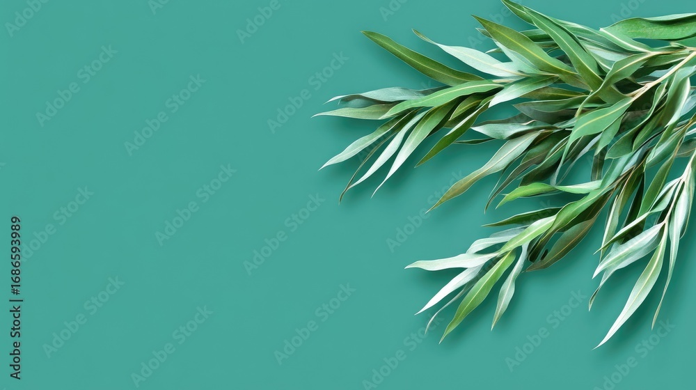 Obraz premium Eucalyptus Leaves on Teal Background: Minimalist Botanical Composition.