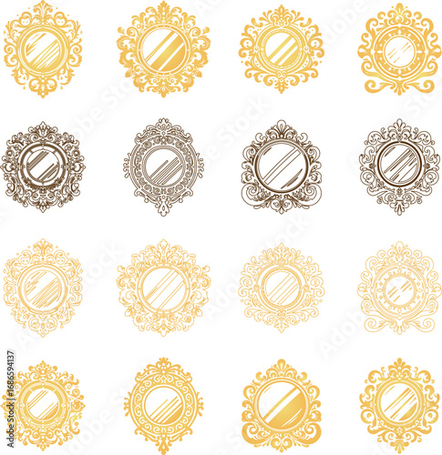 Elegant gold and brown mirror frames for logo designs and decorative elements set