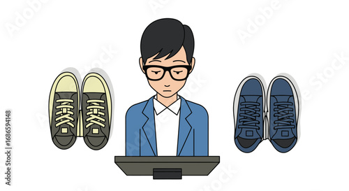 a mans difficult decision choosing the perfect sneakers, isolated on transparent background