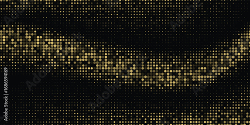 Abstract luxury banner with golden glittering dots on black background. Sparkling glitter bottom border, vector frame. Halftone effect. Magical gold dust. Pop art style backdrop.