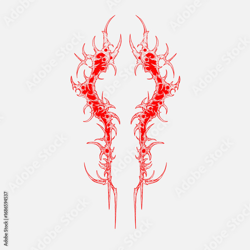 Abstract red neo tribal vector artwork with sharp symmetrical lines and gothic aesthetic, perfect for tattoo design, dark fashion, and alternative art