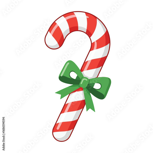 A cartoon illustration of a traditional red and white striped candy cane decorated with a festive green bow.