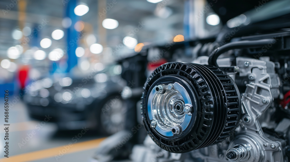 Fototapeta premium Black alternator in engine bay with drive belt stretched across polished pulleys, intricate details captured in sharp focus