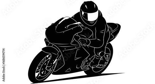black silhouette of a speeding motorcycle racer, isolated on transparent background