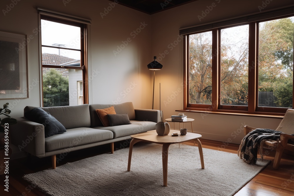 Obraz premium Peaceful home environment featuring gentle lighting, cozy wooden accents, and simple decor.jpeg