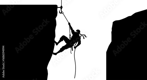cliffhanger silhouette a climbers perilous descent, isolated on transparent background