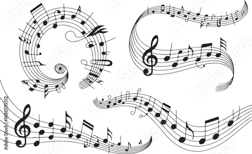 Abstract musical notes and staffs in a flowing, artistic design