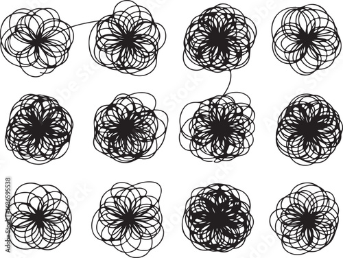 Abstract Black and White Scribble Flower Patterns on White Background