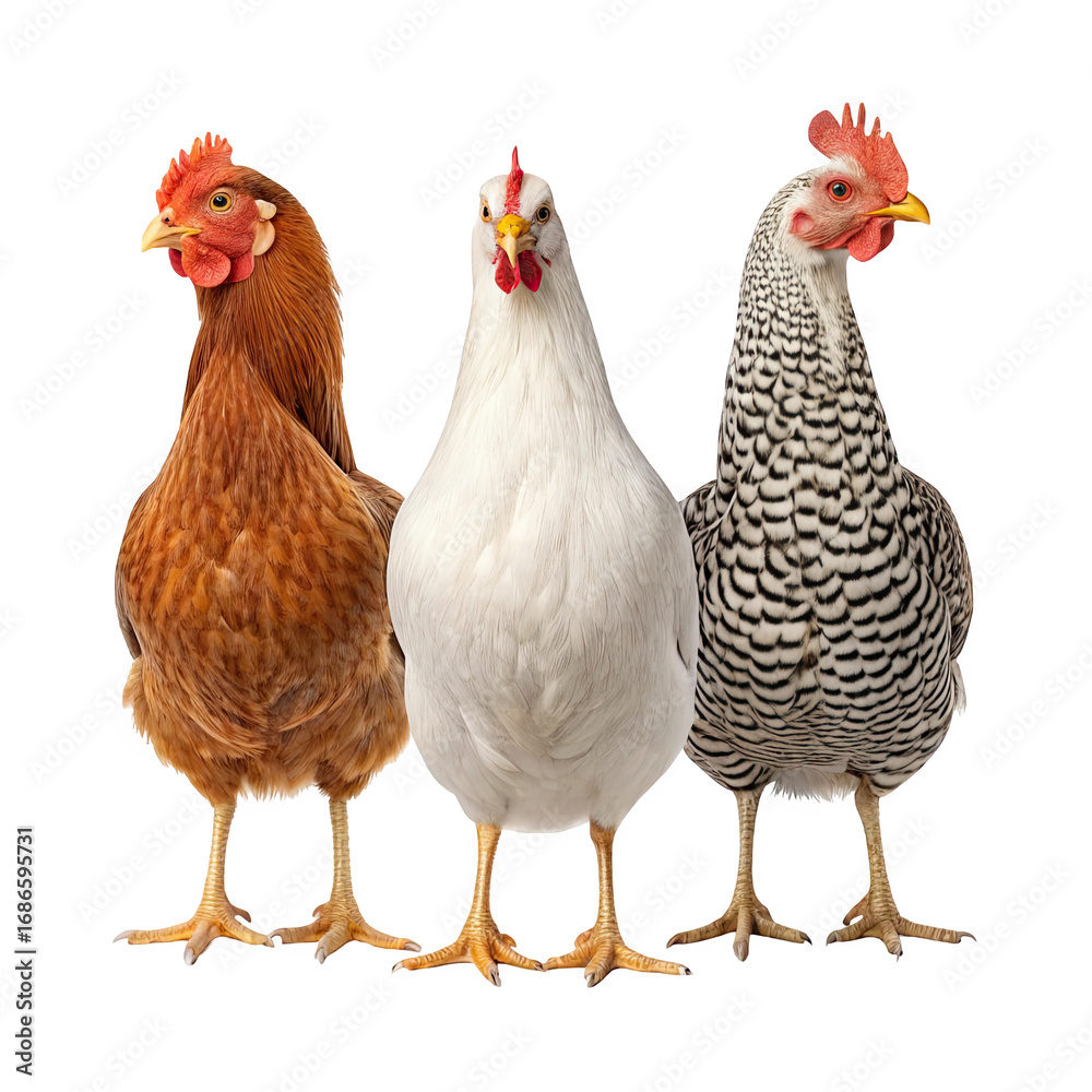 Fototapeta premium Three different breeds of chickens standing together as a group isolated on transparent background