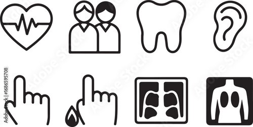 Medical Icons: Heartbeat, People, Tooth, Ear, Finger, Blood Drop, Lungs, Torso