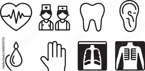 Medical Icons: Heartbeat, Nurses, Tooth, Ear, Drop, Hand, Lungs, Ribs