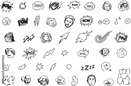 Comic Book Sound Effects, Action Lines, and Character Faces Collection