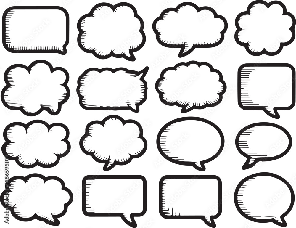 Fototapeta premium Collection of Hand-Drawn Speech Bubbles and Thought Clouds in Black and White