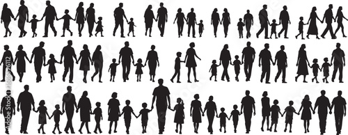 Diverse family groups walking together, holding hands, representing togetherness and unity