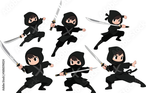 Six dynamic ninja warriors in action poses with swords, ready for battle