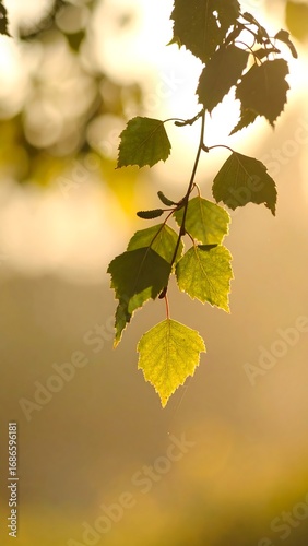 Soft sunlight on delicate birch leaves