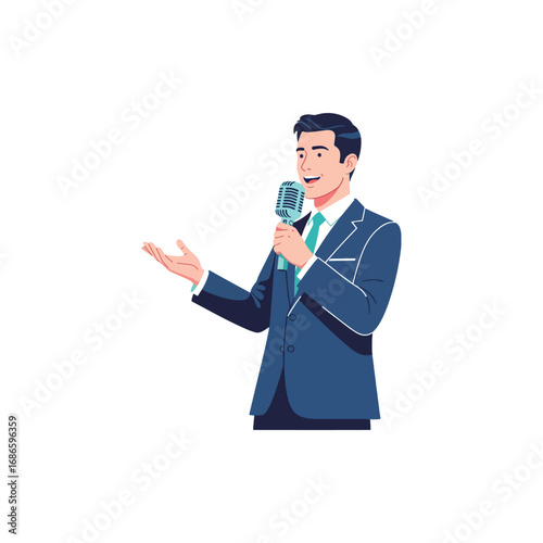 Smiling male presenter speaks into microphone, gesturing with hand.