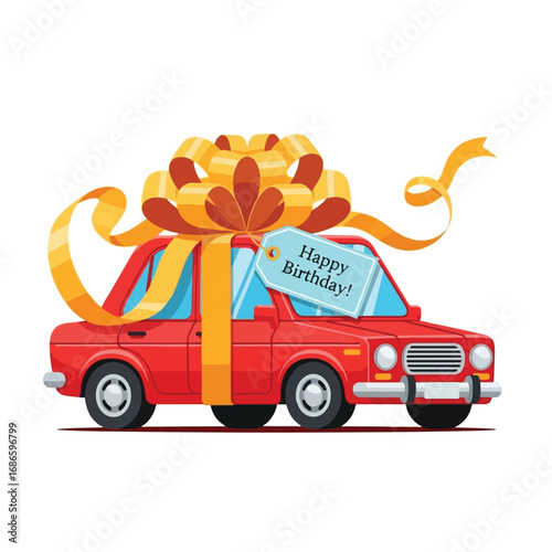 Red car wrapped in a yellow ribbon with a happy birthday tag.