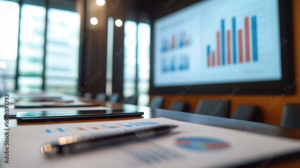 Fototapeta premium presentation in progress with a projector and business documents on a table, in a modern conference room, with a blurred corporate background