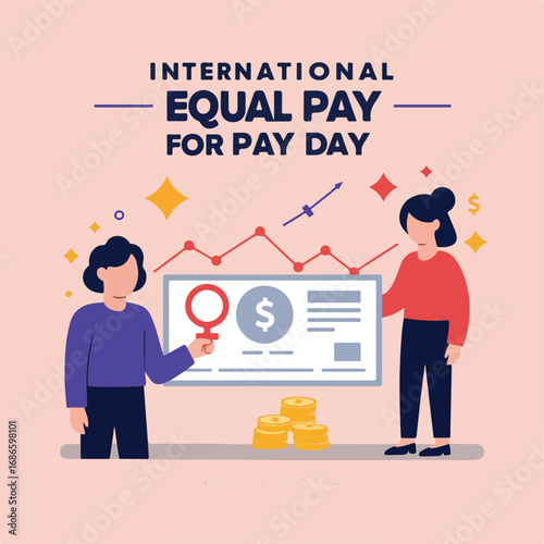 Two women collaborate on a financial presentation advocating for International Equal Pay Day.