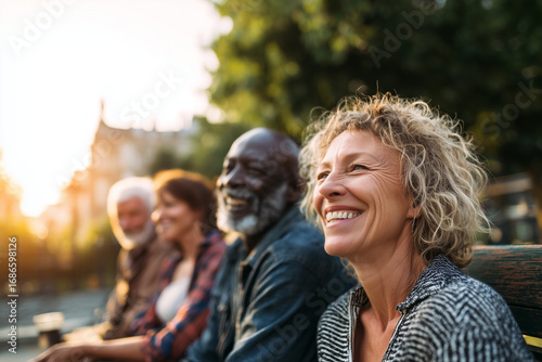Mature friends enjoying a sunny afternoon in the park — diverse seniors laughing together on a bench, sharing companionship and joy