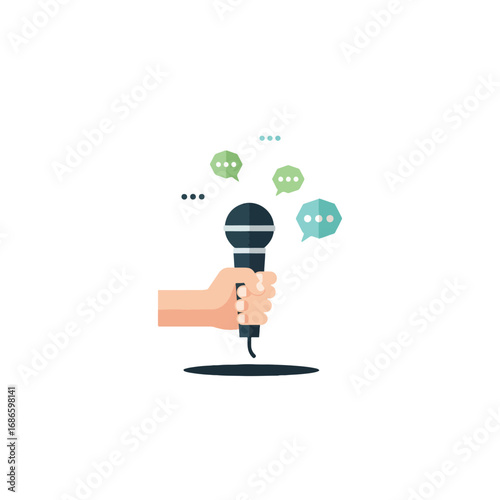 A cartoon hand firmly grips a microphone, speech bubbles indicating communication and expression.